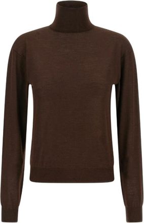 Saint Laurent Bruine Geribbelde Turtleneck Sweater - Dames - Coltruien - Bruin - S - Wol - Truien & Vesten