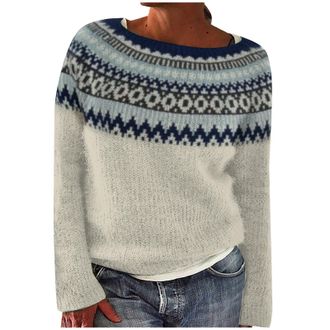 Generic Fairisle Jumpers for Women UK Long Sleeves Icelandic Sweaters for Women Soft Comfortable Nordic Jumpers Cosy Warm Fashion Crew Neck Autumn Sweaters Pl