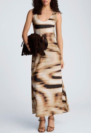 Kenneth Cole Abstract Print Stretch Satin Midi Dress in Burlap Multi at Nordstrom, Size X-Large