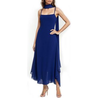 Badgley Mischka Asymmetri Chiffon Slipdress with Scarf in Navy at Nordstrom Rack, Size 12