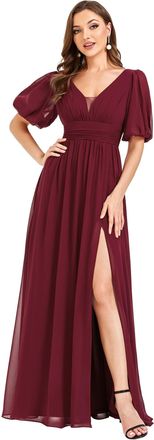 Ever-pretty Womens V Neck A Line Puffy Sleeve Thigh High Slit Backless Vintage Evening Gowns Dresses Burgundy 30UK