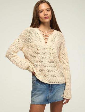 Lucky Brand Womens Lace Up Pullover Sweater