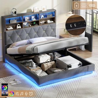 Matteo King Size Bed Frame, Hydraulic Storage, LED Headboard, Grey