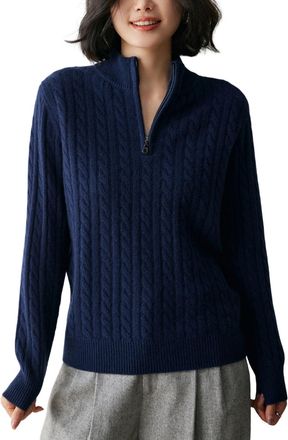 Dissa Women Cashmere Jumper Dark Blue Mock Neck Knitted Jumper Long Sleeve Fitted Cashmere&Wool Thick Cable Ladies Sweater,UK 8,MY25107