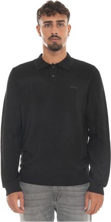 HUGO BOSS Tops, Heren, Zwart, S, Gebreide Polo met Lange Mouwen