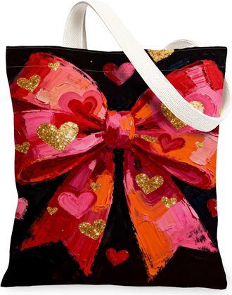 Generic Heart Bow Canvas Tote Bags, Colorful Love Pattern Reusable Grocery Bags, ValentineS Day Lightweight Washable Shoulder Stra, Peach, 13x15 Inch