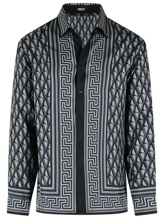 Versace Slim Shirt In Black And Gray Printed Silk Twill