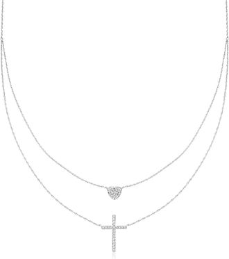 Ross-Simons Diamond Heart and Cross Layered Necklace in Sterling Silver