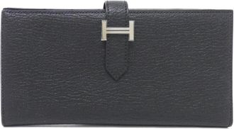 Herm&egrave;s Black Chevre Leather Long Wallet (Bi-Fold) (Pre-Owned)