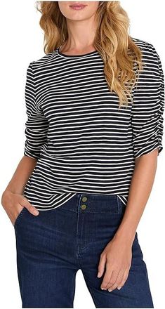 Nic+Zoe Striped Ruched Elbow Sleeve T-Shirts Womens Clothing Indigo : 2XL, Cotton/Modal