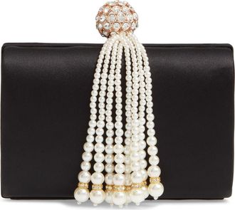 Nordstrom Imitation Pearl Fringe Satin Minaudi&egrave;re in Black at Nordstrom