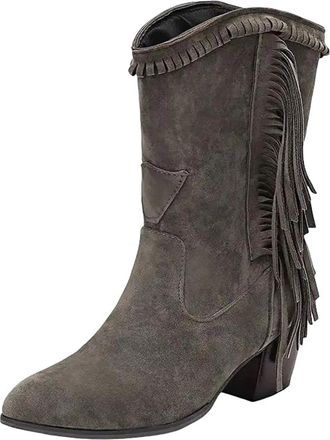 Generic Womens Vintage Mid Calf Booties Pointed Toe High Block Heel Slip-On Design With Tassel Accents For Daily Wear