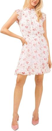 CeCe by Cynthia Steffe Dress White Floral Ruffle Hem Smocked Waist Flutter Sleeve DDR2157