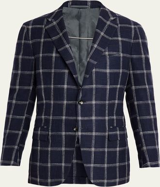 Kiton Mens Windowpane Silk, Cotton and Cashmere Sport Coat