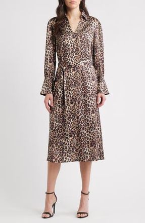 Julia Jordan Leopard Print Long Sleeve Midi Shirtdress in Brown Black at Nordstrom Rack, Size 16