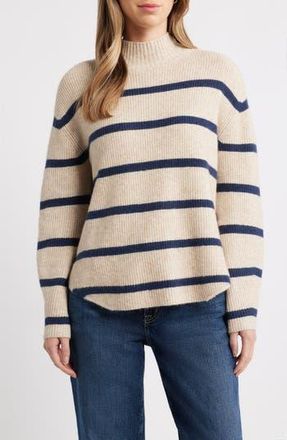 Caslon Shirttail Mock Neck Sweater in Tan Doeskin- Navy Luz Stripe at Nordstrom Rack, Size Medium