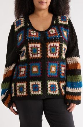 Forgotten Grace Crochet Granny Square Cardigan Sweater in Black at Nordstrom Rack, Size 2 X