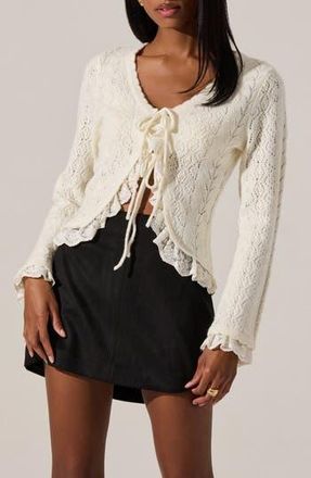 ASTR the Label Lacey Ruffle Pointelle Tie-Front Cardigan in Cream at Nordstrom Rack, Size Medium