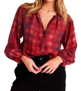 Bella Dahl Shirred Neck Blouse In Blurred Plaid Print