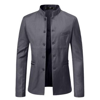 Generic Mens Black Mandarin Collar Blazer, Single Breasted Button Front Suit Jacket with Pockets,Business Dress Sport Coats, Formal & Casual Outerwear for Bus