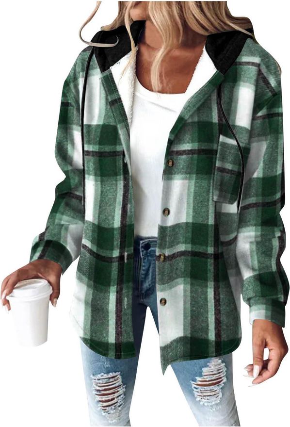 Fleece Lined Coat for Women - Plaid Jackets, Woolen Winter Warm Shacket, Flannel Checked Cardigan, Long Sleeve Button Down, Front Pockets, Hooded, Vin