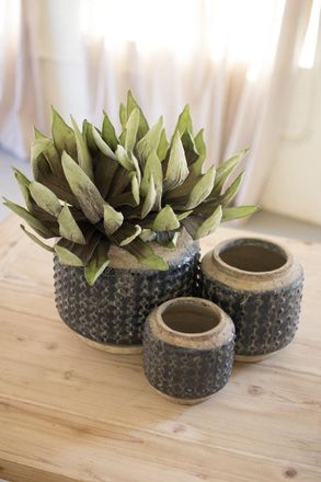 Kalalou Set Of Three Dark Blue Knobby Ceramic Pots