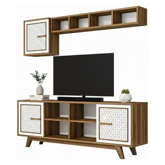 Dmora Dmora - Mueble De Televisi&oacute;n Diph, Aparador De Sal&oacute;n, Mueble Bajo Para Tv, Base De Pared Equipada, 160x35h56 Cm, Nogal Y Blanco, Con Embalaje Reforzad
