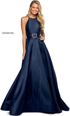 Sherri Hill Mikado A-Line Halter Gown In Navy