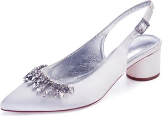 Generic Wedding Shoes Women Ankle Strap Pointed Toe Slingback Chunky Low Heels Dress Pumps Bridal Shoes 4.5Cm,White,7 UK
