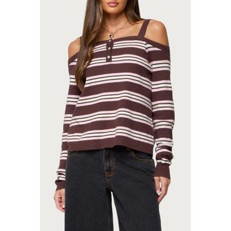 Edikted Shyla Stripe Off the Shoulder Sweater in Brown at Nordstrom, Size X-Small