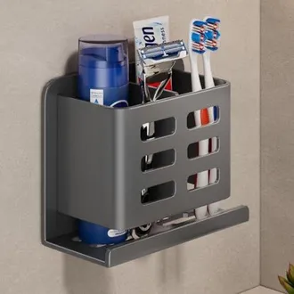 OEM Soporte De Pared Met&aacute;lico Para Ba&ntilde;o - 2 Compartimentos Para Cepillos De Dientes Y Accesorios - Autoadhesivo O Con Tornillos - Gris