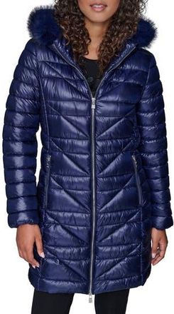Karl Lagerfeld Chevron Quilted Coat with Removable Faux Fur Trim in Navy at Nordstrom Rack, Size X-Large