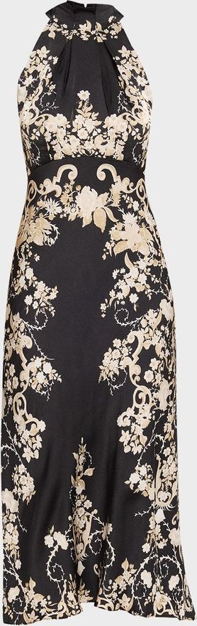 Michelle Floral Satin Draped Halter Midi Dress