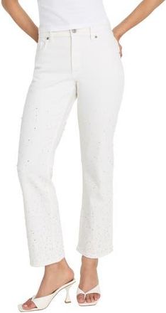 Good American Good Icon Faux Pearl Embellished High Waist Straight Leg Crop Jeans in White001 at Nordstrom Rack, Size 12
