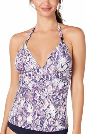 Calvin Klein Printed Halter Tankini Swim Top In Navy