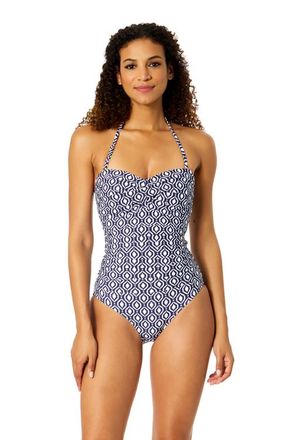 Anne Cole Womens Printed Twist Front Shirred One Piece Swimsuit in Azzurra Geo at Nordstrom, Size 16