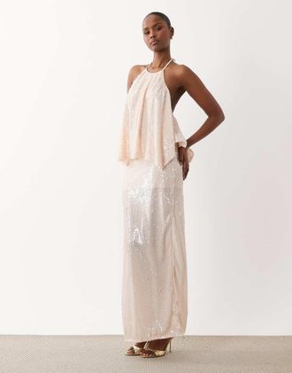 South Beach Gonna da mare lunga color champagne con paillettes-Bianco