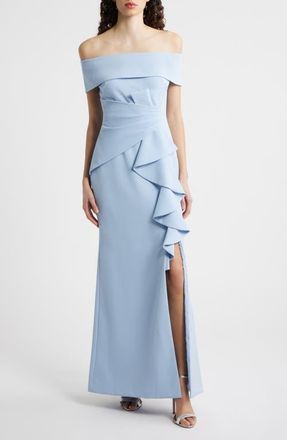 Eliza J Cascade Ruffle Off the Shoulder Gown in Sky at Nordstrom, Size 10