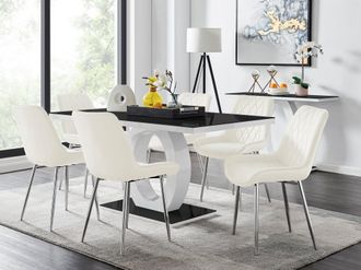 Furniturebox Giovani Rectangular 6 Seat White High Gloss Unique Halo Base Dining Table Black Glass Top 6 Soft Velvet Silver Leg Pesaro Chairs