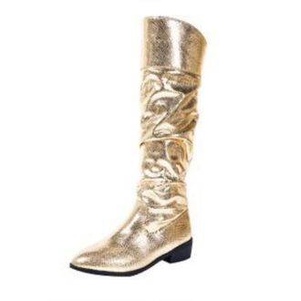 Generic White Long Boots High Boots Pleated Design Square Heel Bar Fashion Stage Show Women Boots Sock Boots for Women (Gold, 6.5)