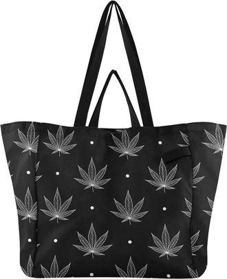 Generic Leaves Dots Black pattern Reusable Canvas Tote Bag, Heavy Duty Grocery Shopping Bag with Hard Bottom Double Handles Large Capacity Work Groceries Trav