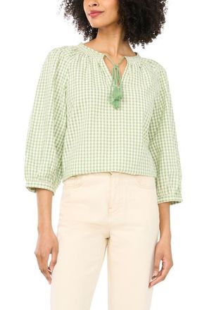 Vince Camuto Print Tie Neck Cotton Peasant Top in Lily Green at Nordstrom, Size X-Small P