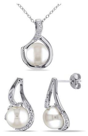 Delmar Cultured Freshwater Pearl & Diamond Pendant Necklace & Stud Earrings Set in White at Nordstrom Rack