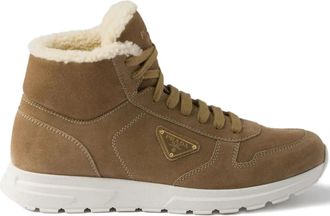 Prada shearling triangle-logo high-top sneakers - Brown