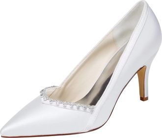 Emily Bridalwear Ivory Wedding Shoes High Heel Pointed Slip-on Bridal Shoes with Rhinestone (EU37/UK4, White)