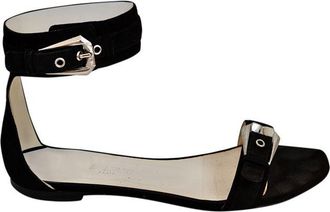 Balmain Black Suede Ankle Strap Flat Sandals Size 37