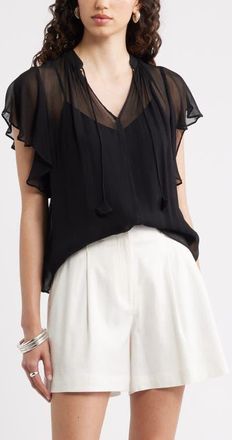 Nordstrom Flutter Sleeve Crinkle Chiffon Top in Black at Nordstrom, Size Xx-Small
