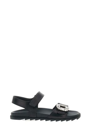Roger Vivier Black Sandals with Crystal Embellishment and Ankle Strap