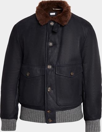 Brunello Cucinelli Men & apos;s Shearling-Collar Leather Bomber Jacket