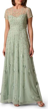 Adrianna Papell 3D Floral Beaded A-Line Gown in Icy Sage at Nordstrom, Size 16